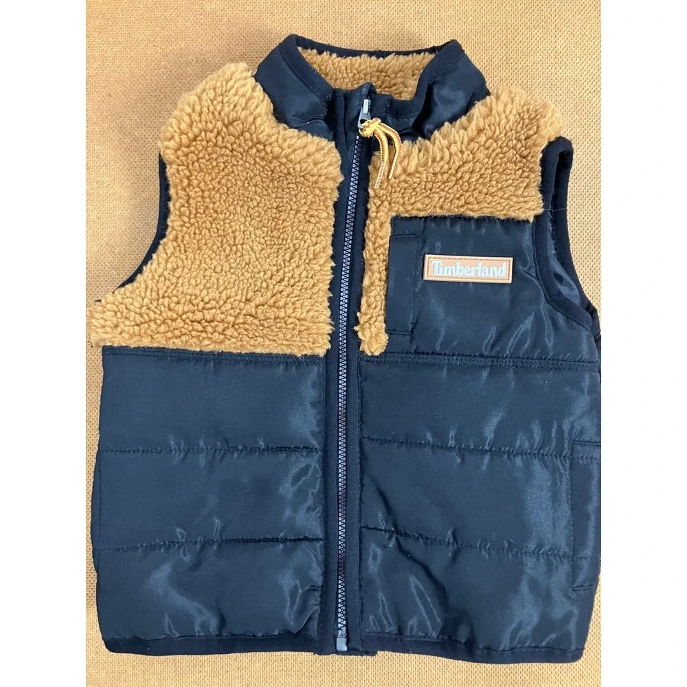 Timberland Baby‎ Boy Puffer Vest Sherpa Trim Navy Tan 6-9 Months